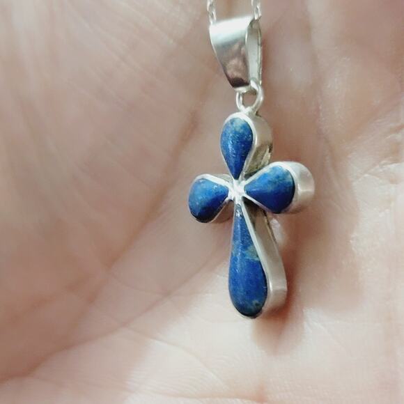 Sterling Silver Lapis Lazuli Cross Pendant Necklace 20" - Picture 3 of 6